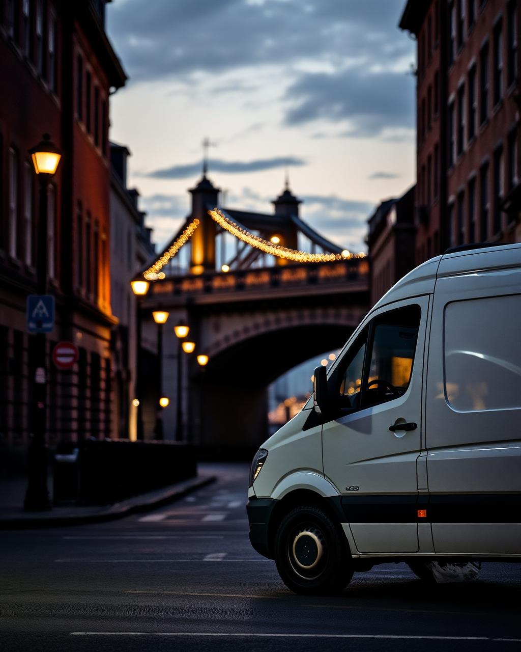 White van on a Dublin street at dusk